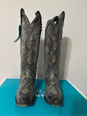 Lane Cosette Embroidered Studded Knee-High Heeled Boots - Black